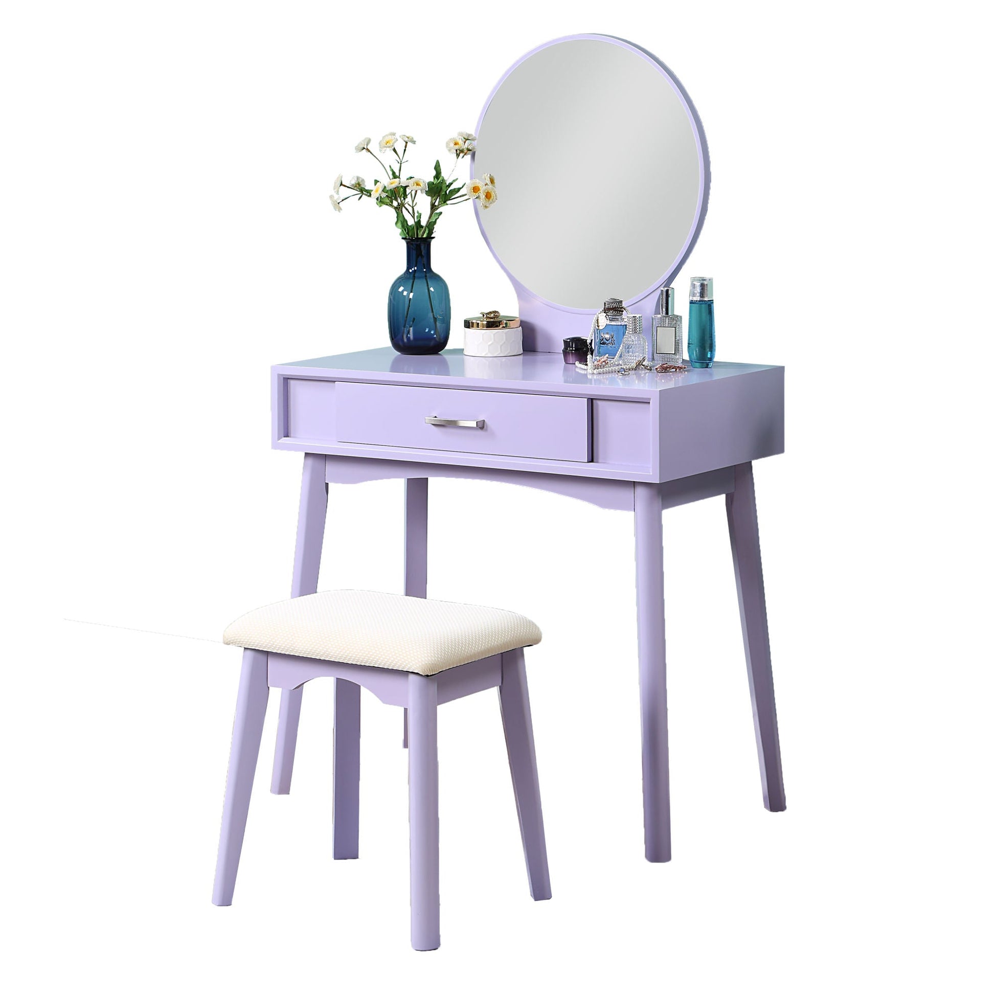 Maly Contemporary Wood Vanity and Stool Set, Purple - Divine Heart L.A.