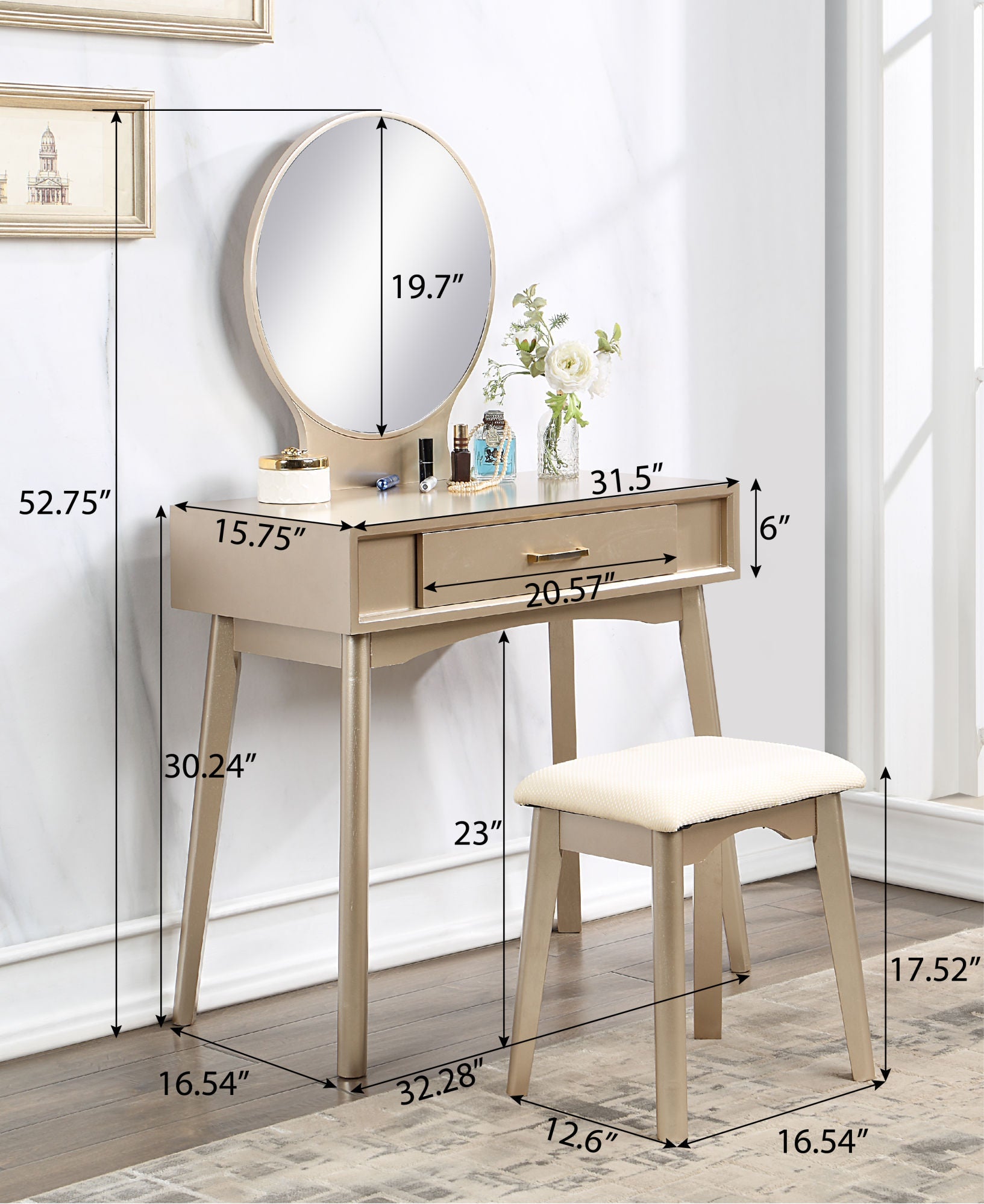 Maly Contemporary Wood Vanity and Stool Set, Purple - Divine Heart L.A.