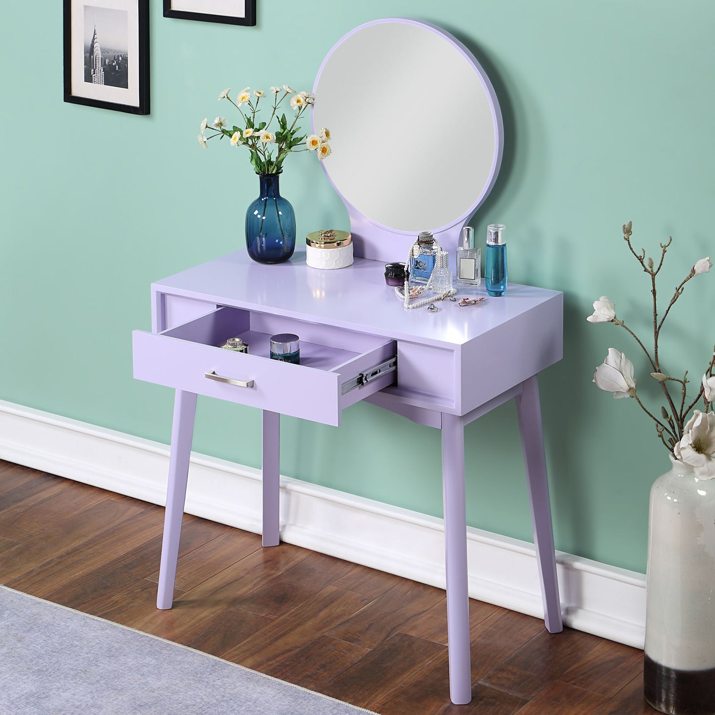 Maly Contemporary Wood Vanity and Stool Set, Purple - Divine Heart L.A.