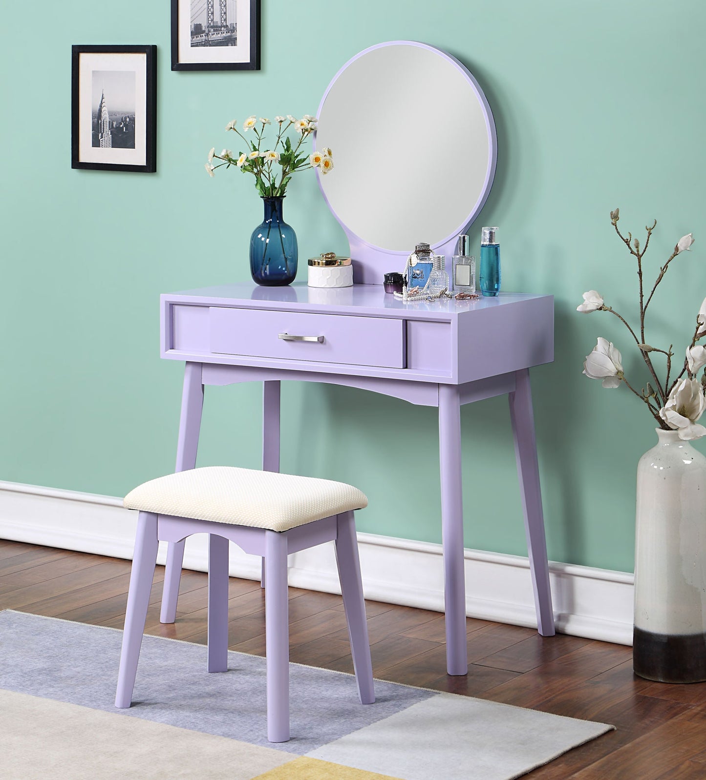 Maly Contemporary Wood Vanity and Stool Set, Purple - Divine Heart L.A.