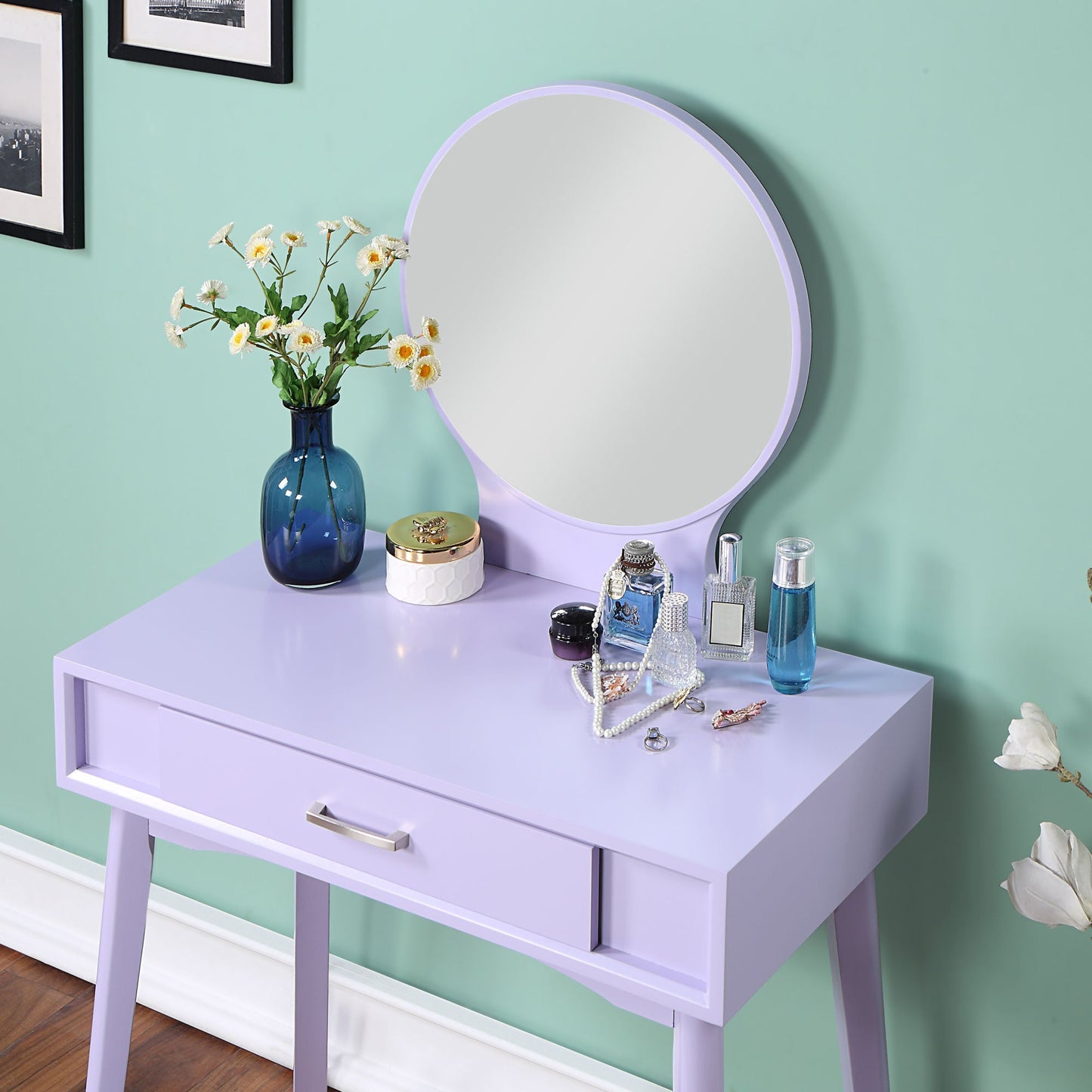 Maly Contemporary Wood Vanity and Stool Set, Purple - Divine Heart L.A.