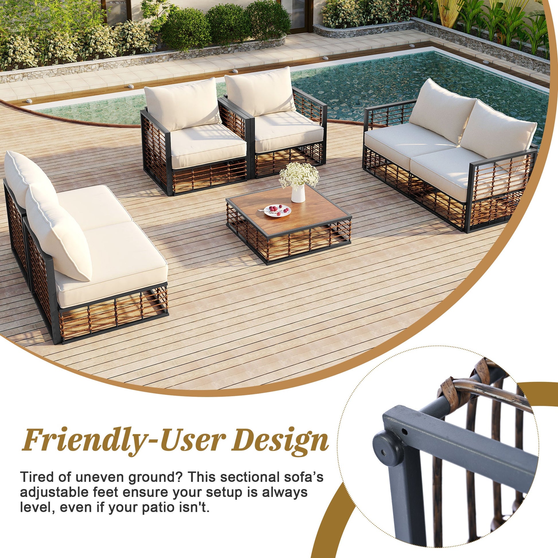 Modern Minimalist 7-Pc. Metal Patio Sofa Set with Thick Cushions and Coffee Table - Divine Heart L.A.