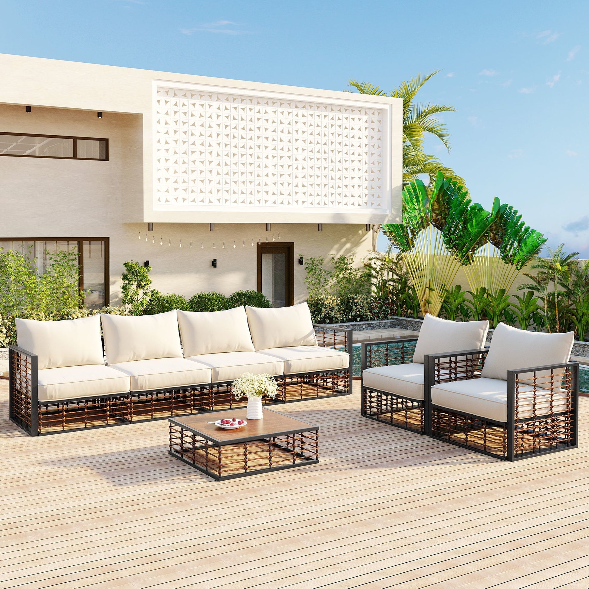 Modern Minimalist 7-Pc. Metal Patio Sofa Set with Thick Cushions and Coffee Table - Divine Heart L.A.