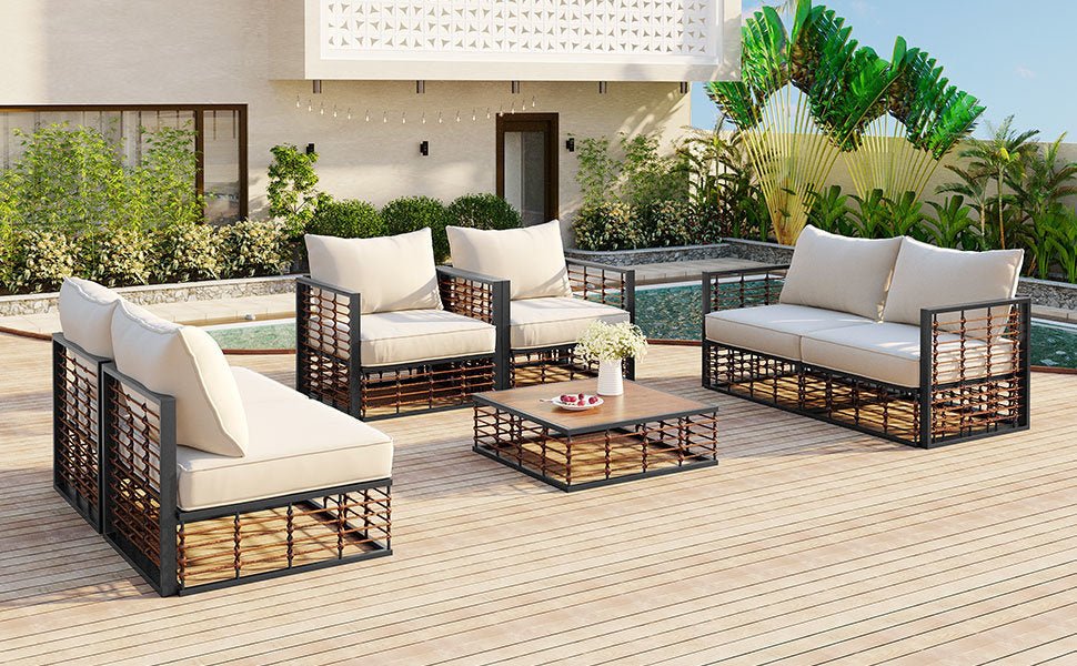 Modern Minimalist 7-Pc. Metal Patio Sofa Set with Thick Cushions and Coffee Table - Divine Heart L.A.