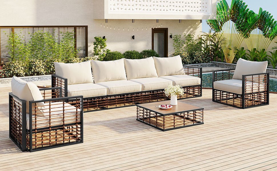 Modern Minimalist 7-Pc. Metal Patio Sofa Set with Thick Cushions and Coffee Table - Divine Heart L.A.