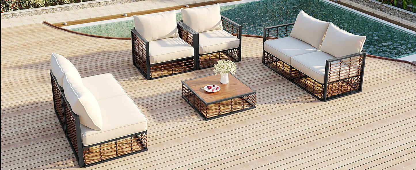 Modern Minimalist 7-Pc. Metal Patio Sofa Set with Thick Cushions and Coffee Table - Divine Heart L.A.