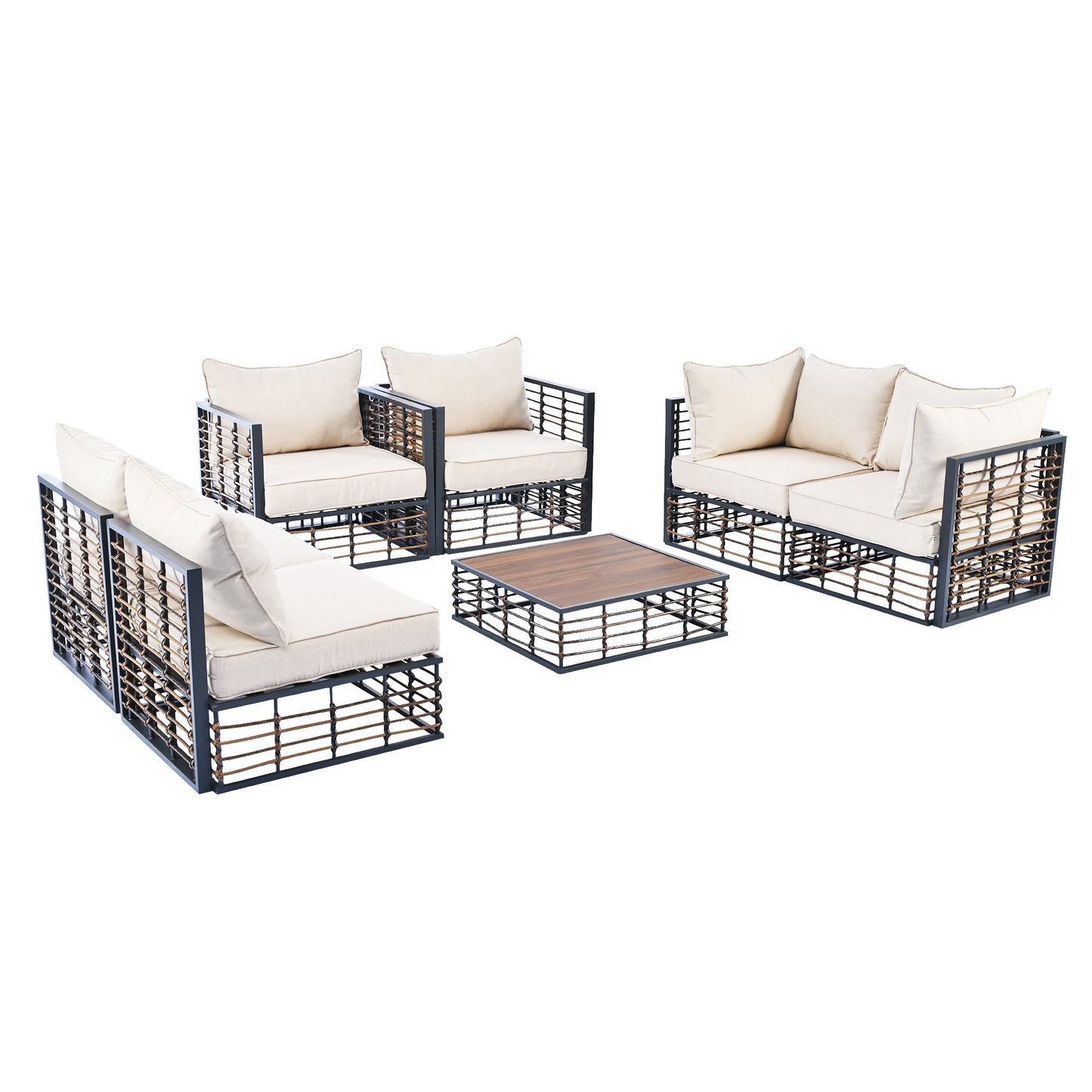 Modern Minimalist 7-Pc. Metal Patio Sofa Set with Thick Cushions and Coffee Table - Divine Heart L.A.