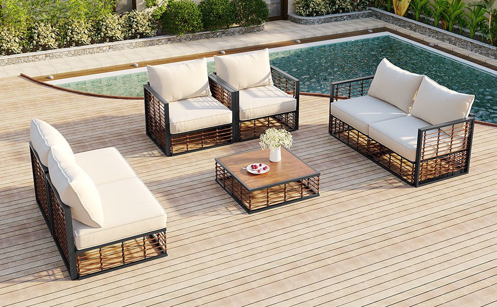 Modern Minimalist 7-Pc. Metal Patio Sofa Set with Thick Cushions and Coffee Table - Divine Heart L.A.