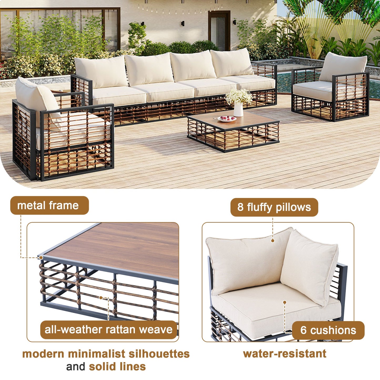 Modern Minimalist 7-Pc. Metal Patio Sofa Set with Thick Cushions and Coffee Table - Divine Heart L.A.