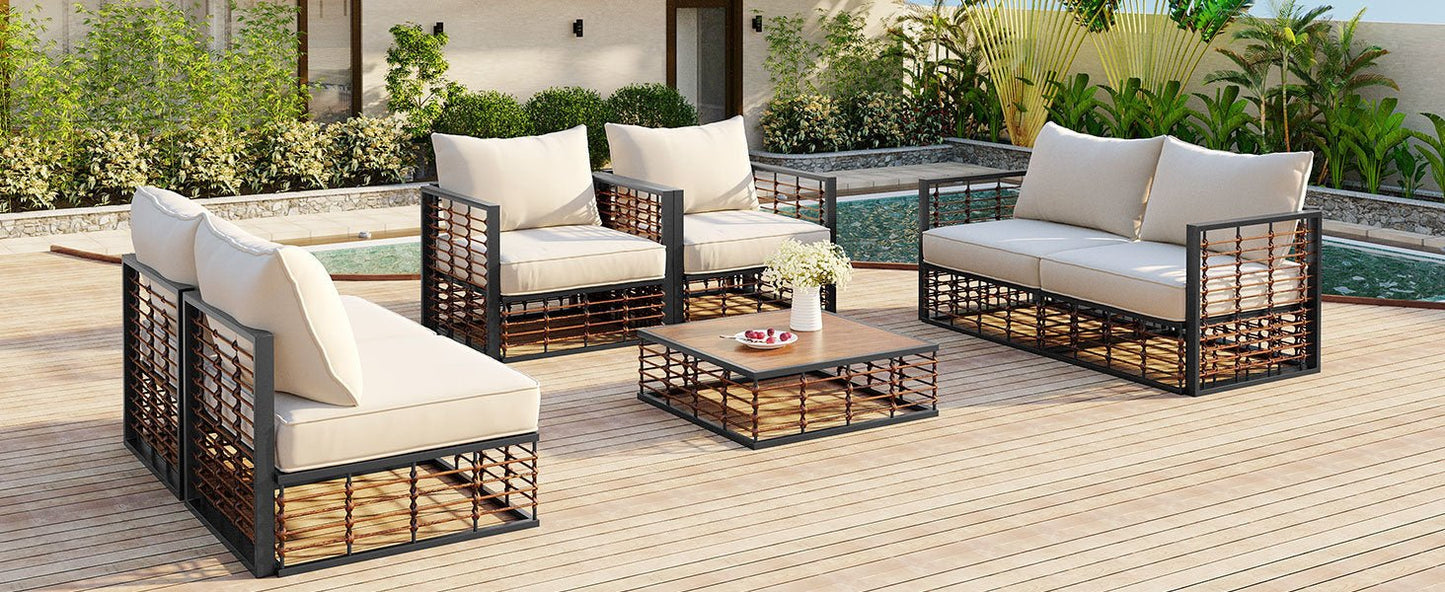 Modern Minimalist 7-Pc. Metal Patio Sofa Set with Thick Cushions and Coffee Table - Divine Heart L.A.