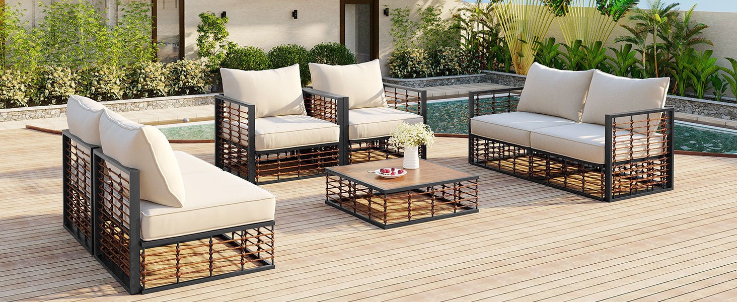 Modern Minimalist 7-Pc. Metal Patio Sofa Set with Thick Cushions and Coffee Table - Divine Heart L.A.