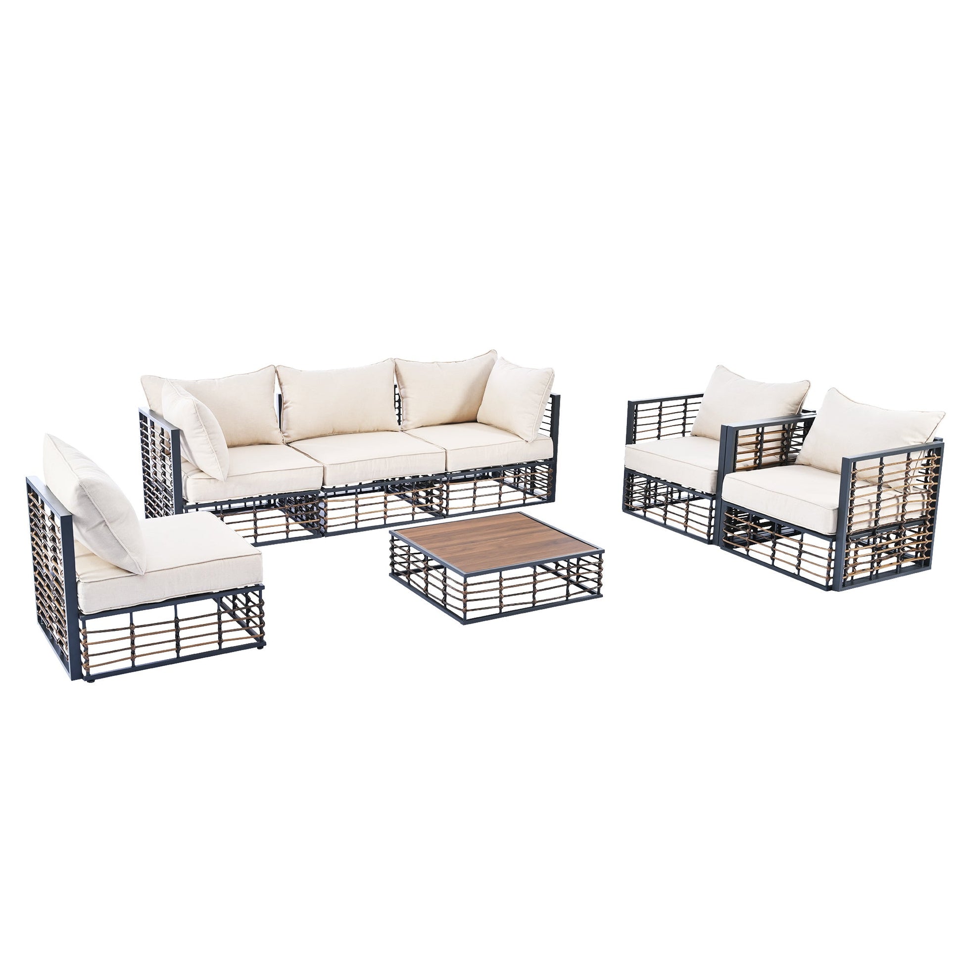 Modern Minimalist 7-Pc. Metal Patio Sofa Set with Thick Cushions and Coffee Table - Divine Heart L.A.