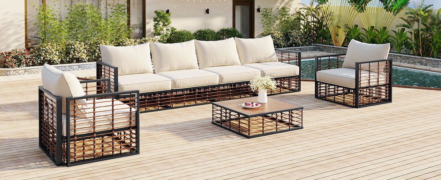 Modern Minimalist 7-Pc. Metal Patio Sofa Set with Thick Cushions and Coffee Table - Divine Heart L.A.