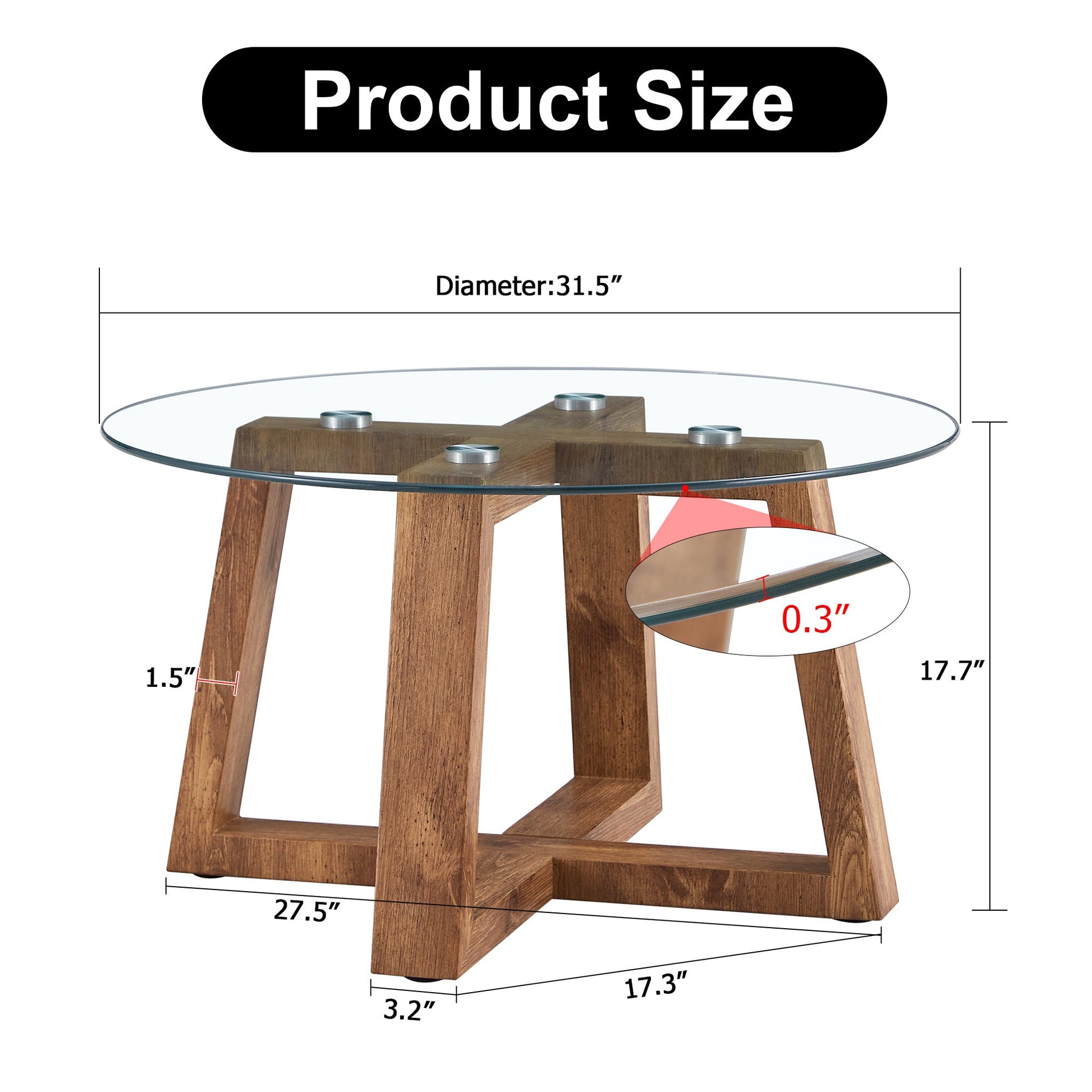 Modern practical circular coffee and tea tables. Made of transparent tempered glass tabletop and wood colored MDF material. Suitable for living rooms and bedrooms.31.5"*31.5"*17.7" - Divine Heart L.A.