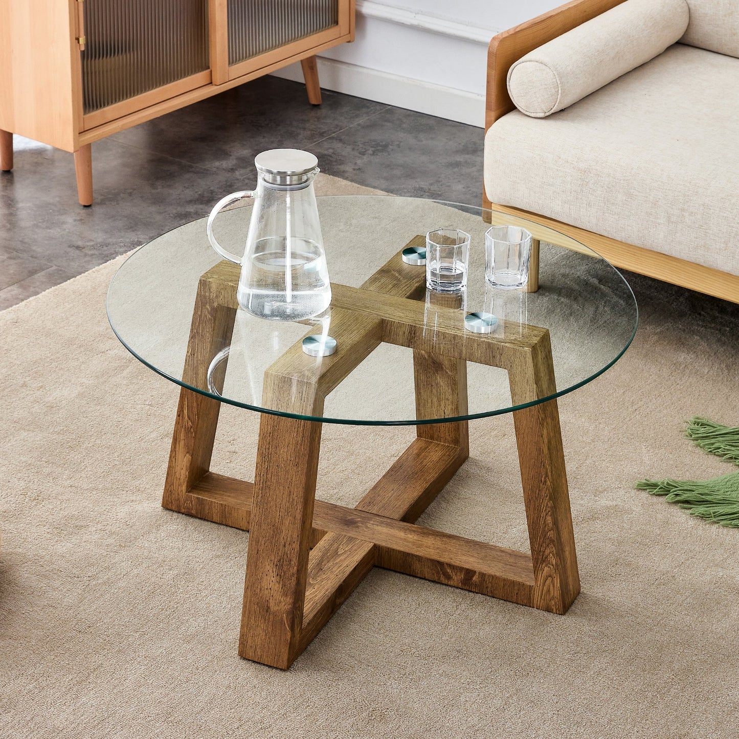 Modern practical circular coffee and tea tables. Made of transparent tempered glass tabletop and wood colored MDF material. Suitable for living rooms and bedrooms.31.5"*31.5"*17.7" - Divine Heart L.A.