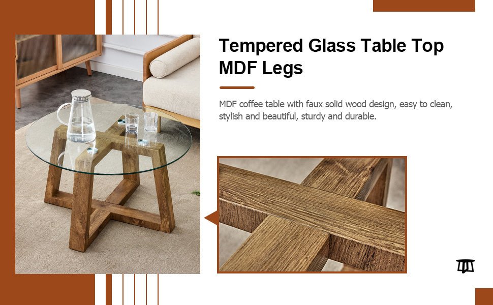 Modern practical circular coffee and tea tables. Made of transparent tempered glass tabletop and wood colored MDF material. Suitable for living rooms and bedrooms.31.5"*31.5"*17.7" - Divine Heart L.A.