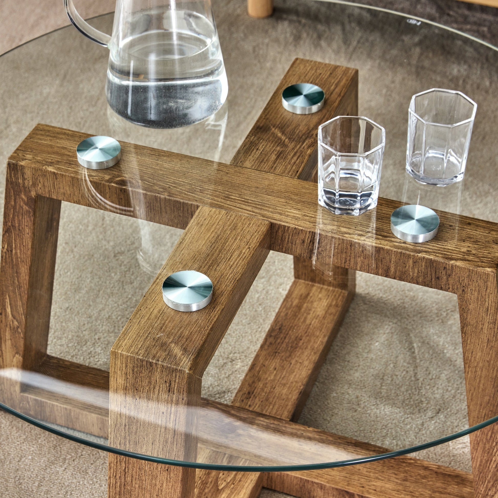 Modern practical circular coffee and tea tables. Made of transparent tempered glass tabletop and wood colored MDF material. Suitable for living rooms and bedrooms.31.5"*31.5"*17.7" - Divine Heart L.A.