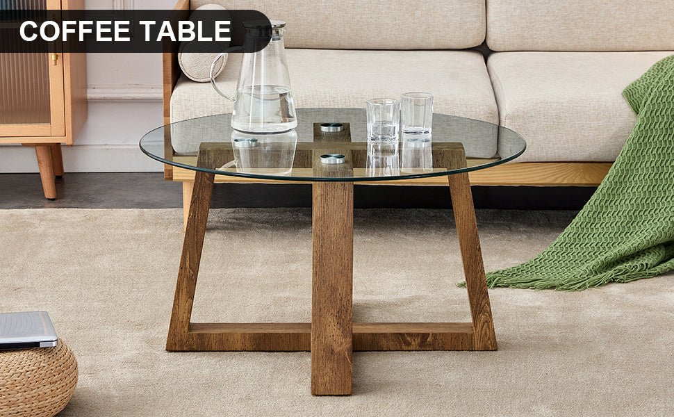 Modern practical circular coffee and tea tables. Made of transparent tempered glass tabletop and wood colored MDF material. Suitable for living rooms and bedrooms.31.5"*31.5"*17.7" - Divine Heart L.A.