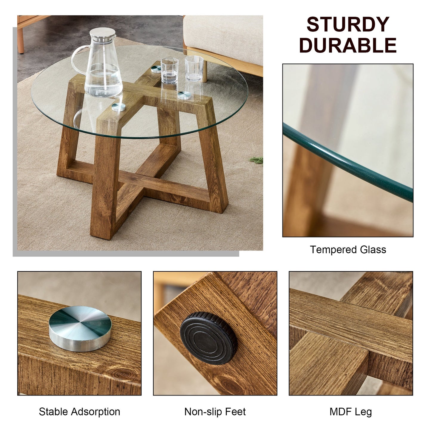 Modern practical circular coffee and tea tables. Made of transparent tempered glass tabletop and wood colored MDF material. Suitable for living rooms and bedrooms.31.5"*31.5"*17.7" - Divine Heart L.A.