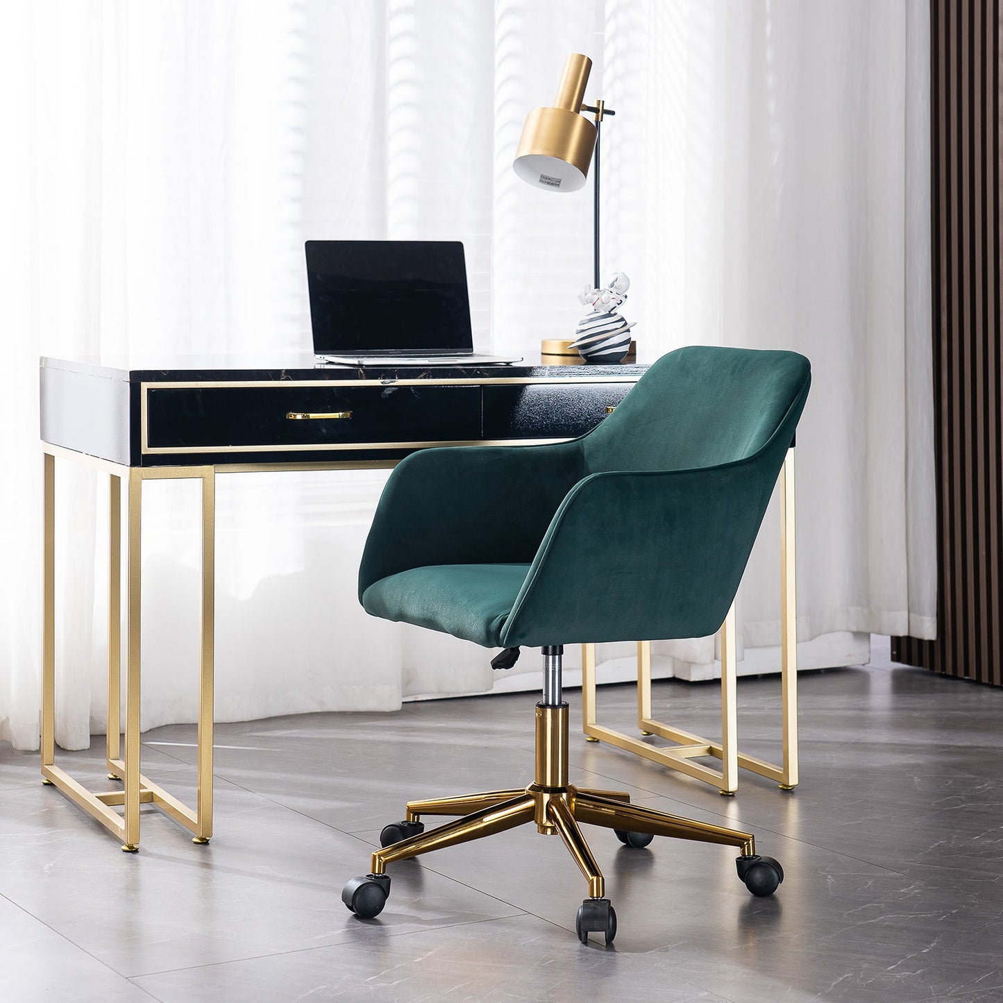 Modern Velvet Adjustable Height 360 Revolving Home Office Chair With Gold Metal Legs And Universal Wheel For Indoor - Divine Heart L.A.