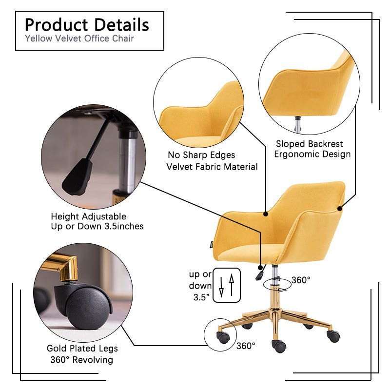 Modern Velvet Adjustable Height 360 Revolving Home Office Chair With Gold Metal Legs And Universal Wheel For Indoor - Divine Heart L.A.