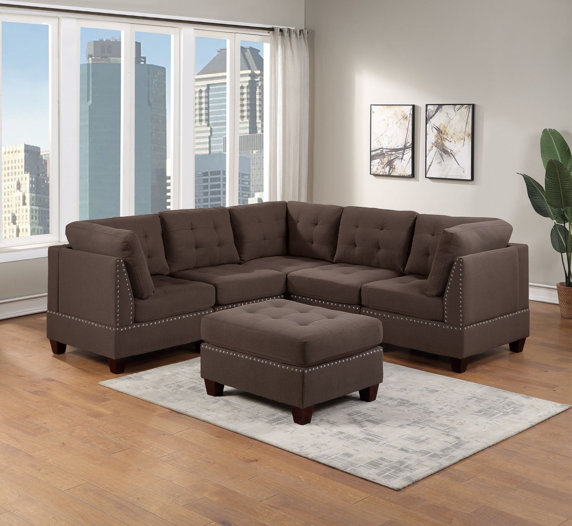 Modular Sectional 6pc Set Living Room Furniture Corner Sectional Tufted Nail heads Couch Black Coffee Linen Like Fabric 3x Corner Wedge 2x Armless Chairs and 1x Ottoman - Divine Heart L.A.