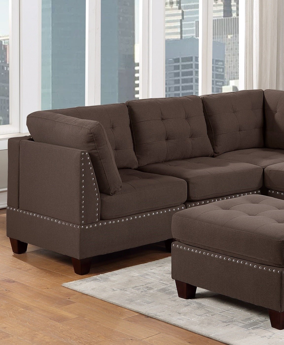 Modular Sectional 6pc Set Living Room Furniture Corner Sectional Tufted Nail heads Couch Black Coffee Linen Like Fabric 3x Corner Wedge 2x Armless Chairs and 1x Ottoman - Divine Heart L.A.