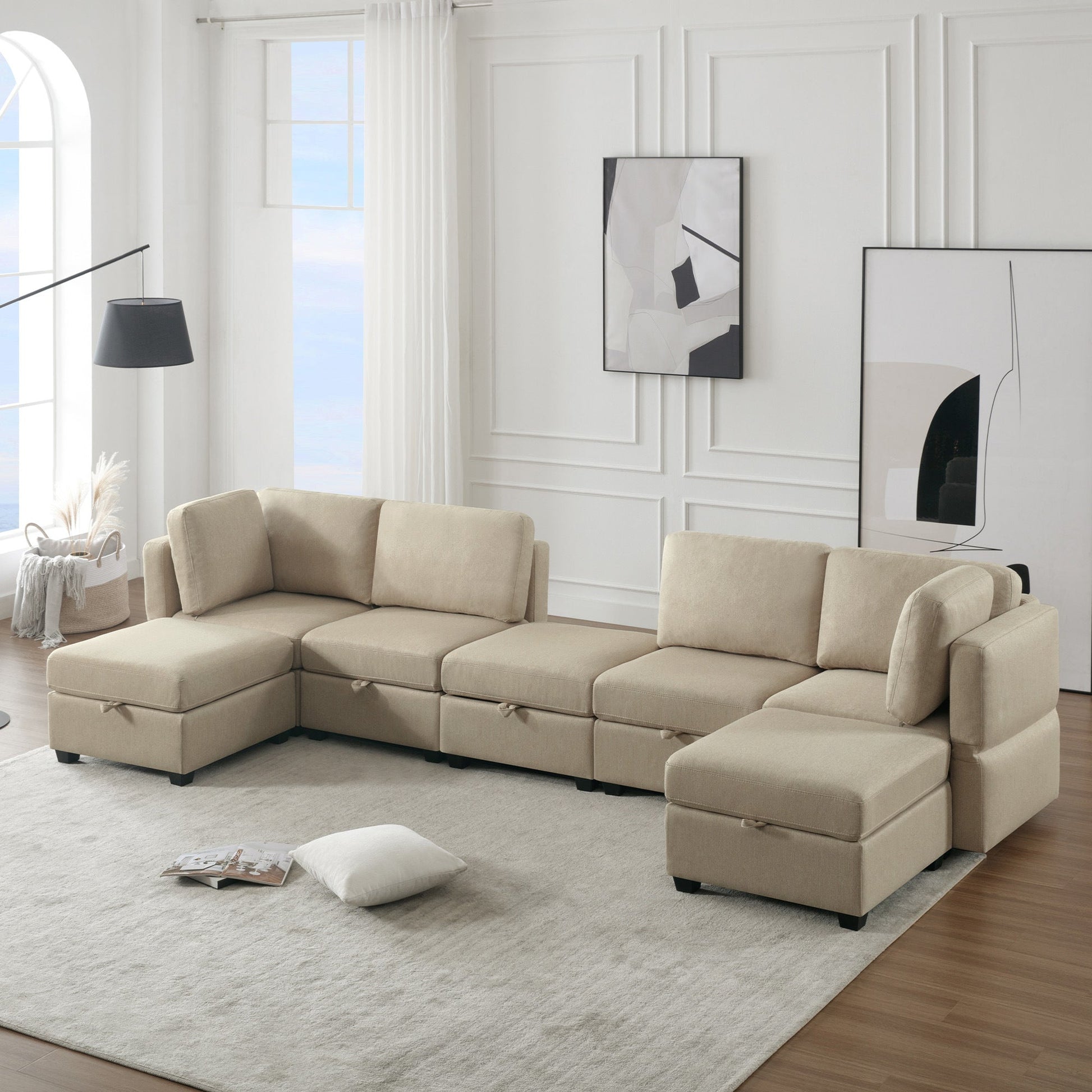 Modular Sectional Sofa U Shaped Sectional Couch with Ottoman, 7 Seat Modular Sofa with Chaise for Living Room, Adjustable Arms and Backs - Beige - Divine Heart L.A.