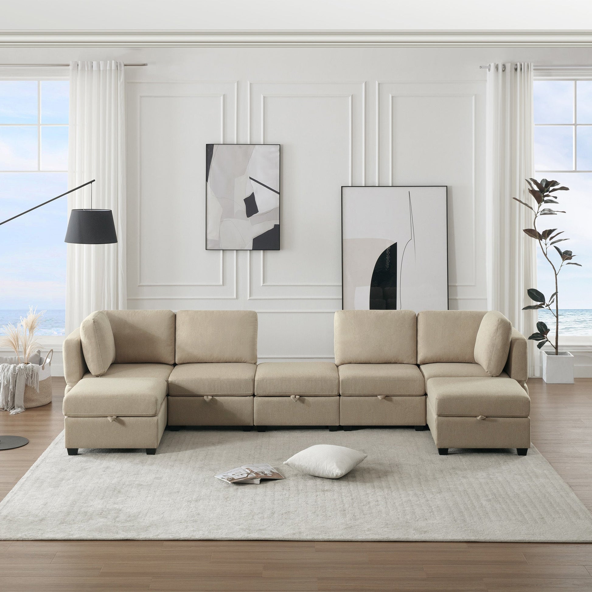 Modular Sectional Sofa U Shaped Sectional Couch with Ottoman, 7 Seat Modular Sofa with Chaise for Living Room, Adjustable Arms and Backs - Beige - Divine Heart L.A.