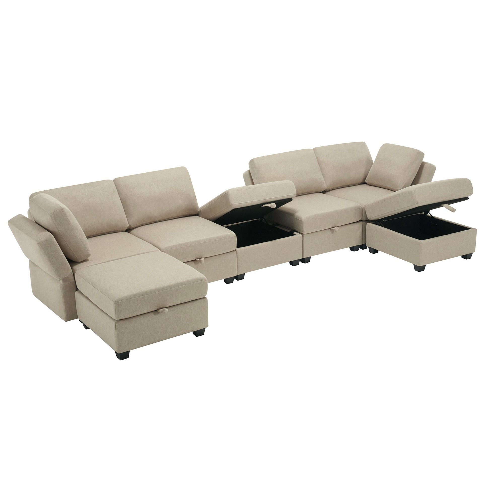 Modular Sectional Sofa U Shaped Sectional Couch with Ottoman, 7 Seat Modular Sofa with Chaise for Living Room, Adjustable Arms and Backs - Beige - Divine Heart L.A.