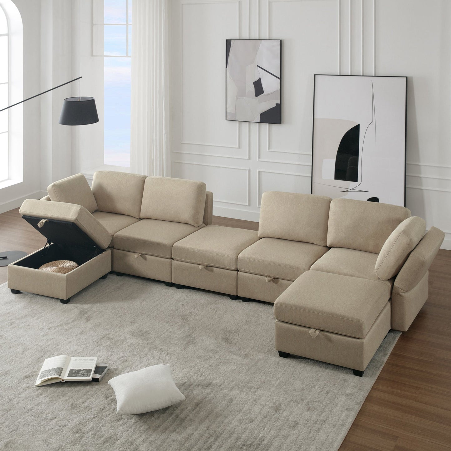 Modular Sectional Sofa U Shaped Sectional Couch with Ottoman, 7 Seat Modular Sofa with Chaise for Living Room, Adjustable Arms and Backs - Beige - Divine Heart L.A.