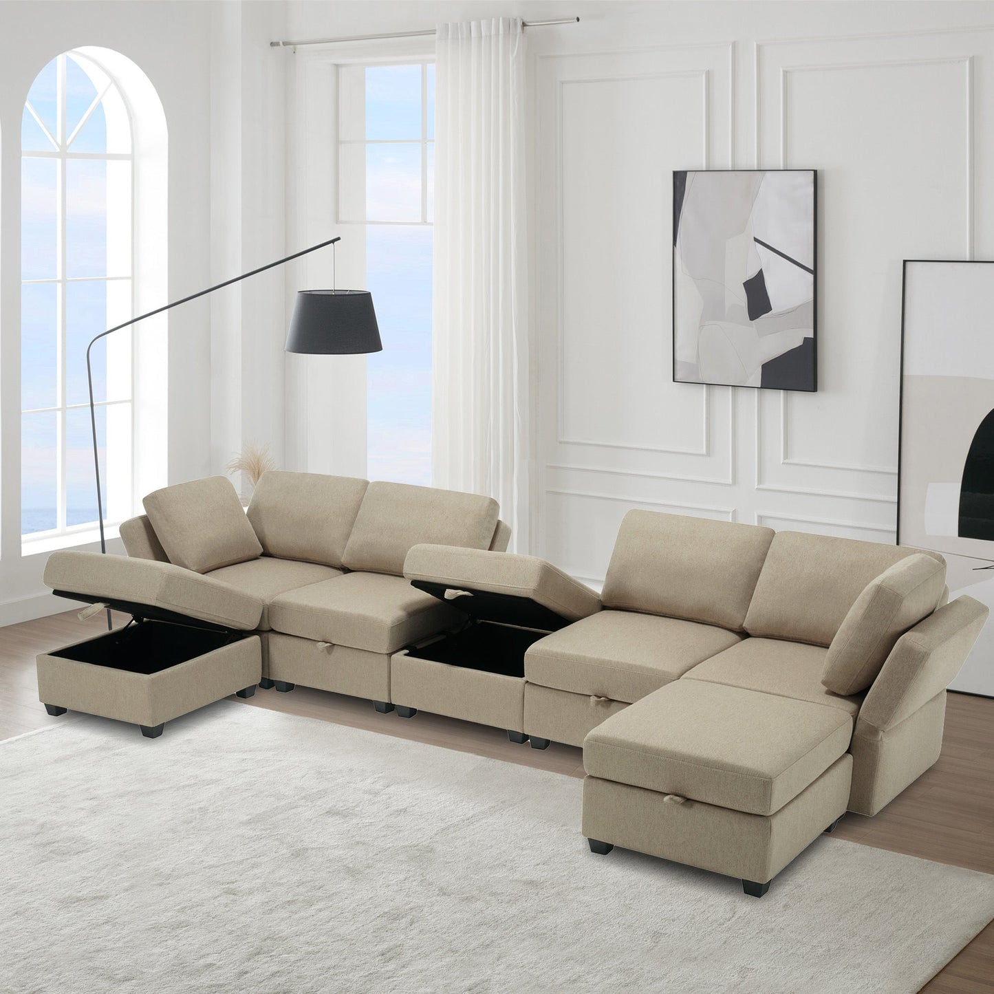 Modular Sectional Sofa U Shaped Sectional Couch with Ottoman, 7 Seat Modular Sofa with Chaise for Living Room, Adjustable Arms and Backs - Beige - Divine Heart L.A.