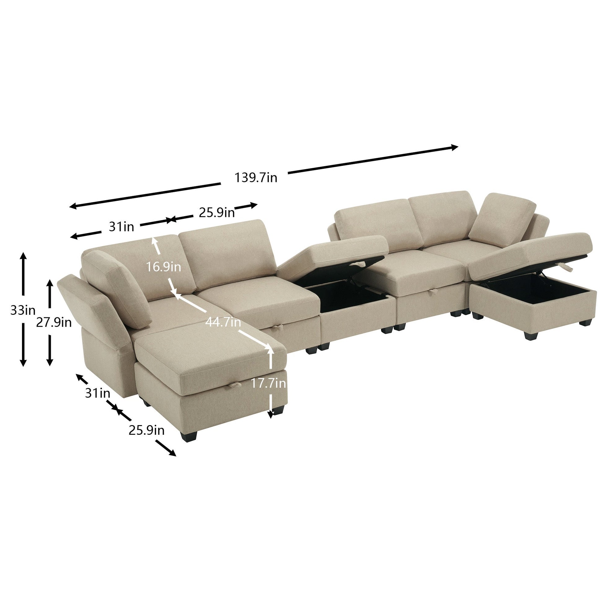 Modular Sectional Sofa U Shaped Sectional Couch with Ottoman, 7 Seat Modular Sofa with Chaise for Living Room, Adjustable Arms and Backs - Beige - Divine Heart L.A.