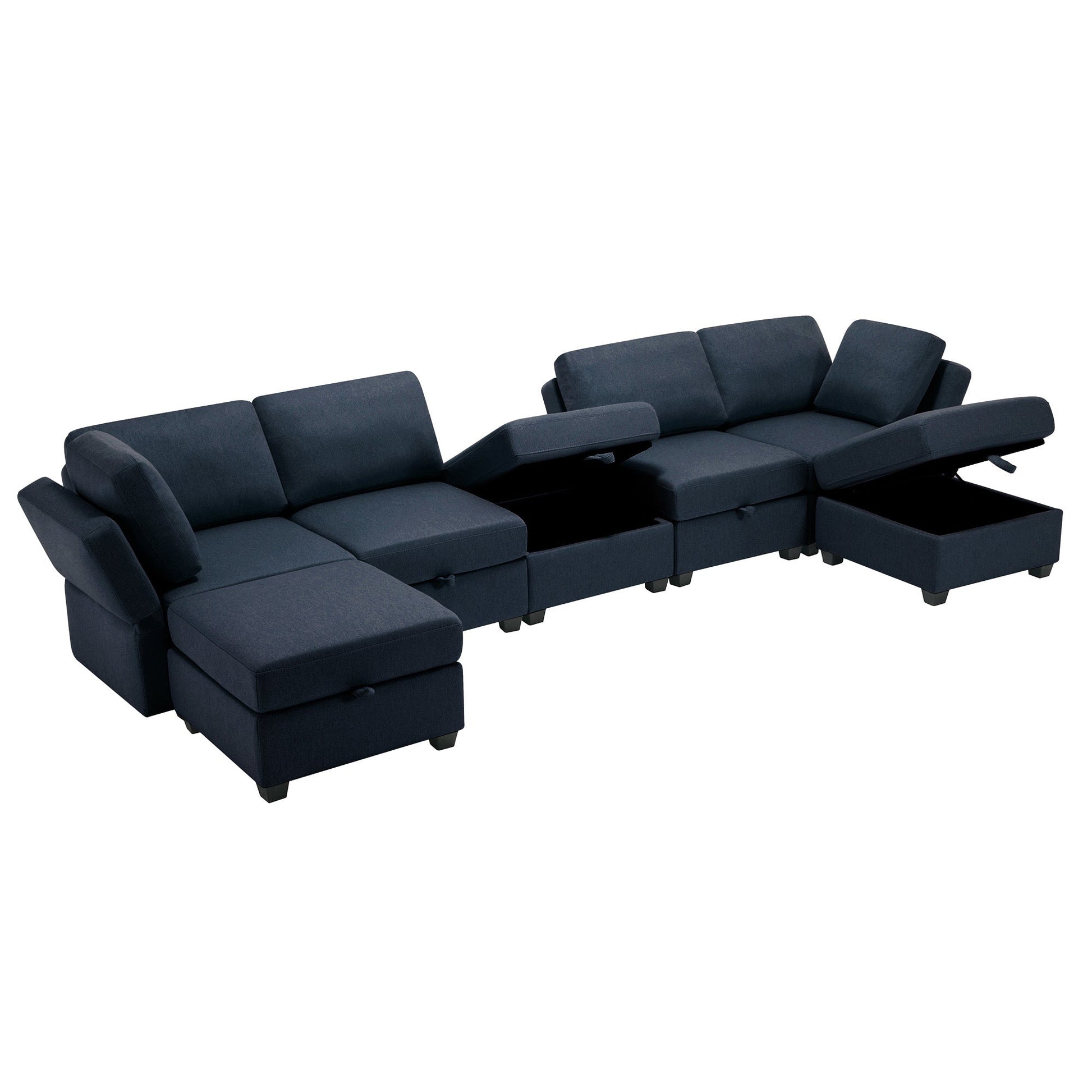 Modular Sectional Sofa U Shaped Sectional Couch with Ottoman, 7 Seat Modular Sofa with Chaise for Living Room, Adjustable Arms and Backs - Blue - Divine Heart L.A.