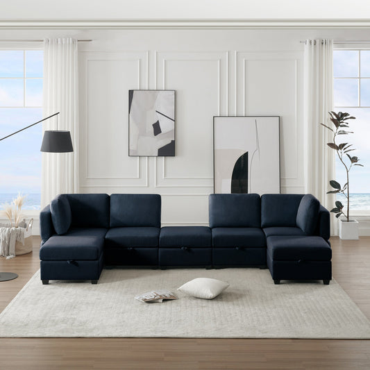 Modular Sectional Sofa U Shaped Sectional Couch with Ottoman, 7 Seat Modular Sofa with Chaise for Living Room, Adjustable Arms and Backs - Blue - Divine Heart L.A.