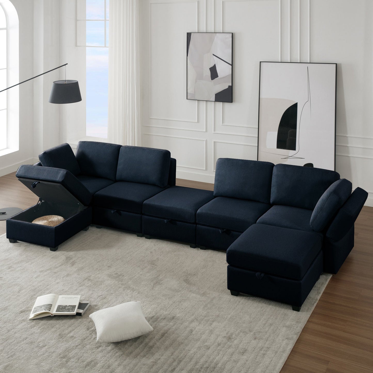 Modular Sectional Sofa U Shaped Sectional Couch with Ottoman, 7 Seat Modular Sofa with Chaise for Living Room, Adjustable Arms and Backs - Blue - Divine Heart L.A.