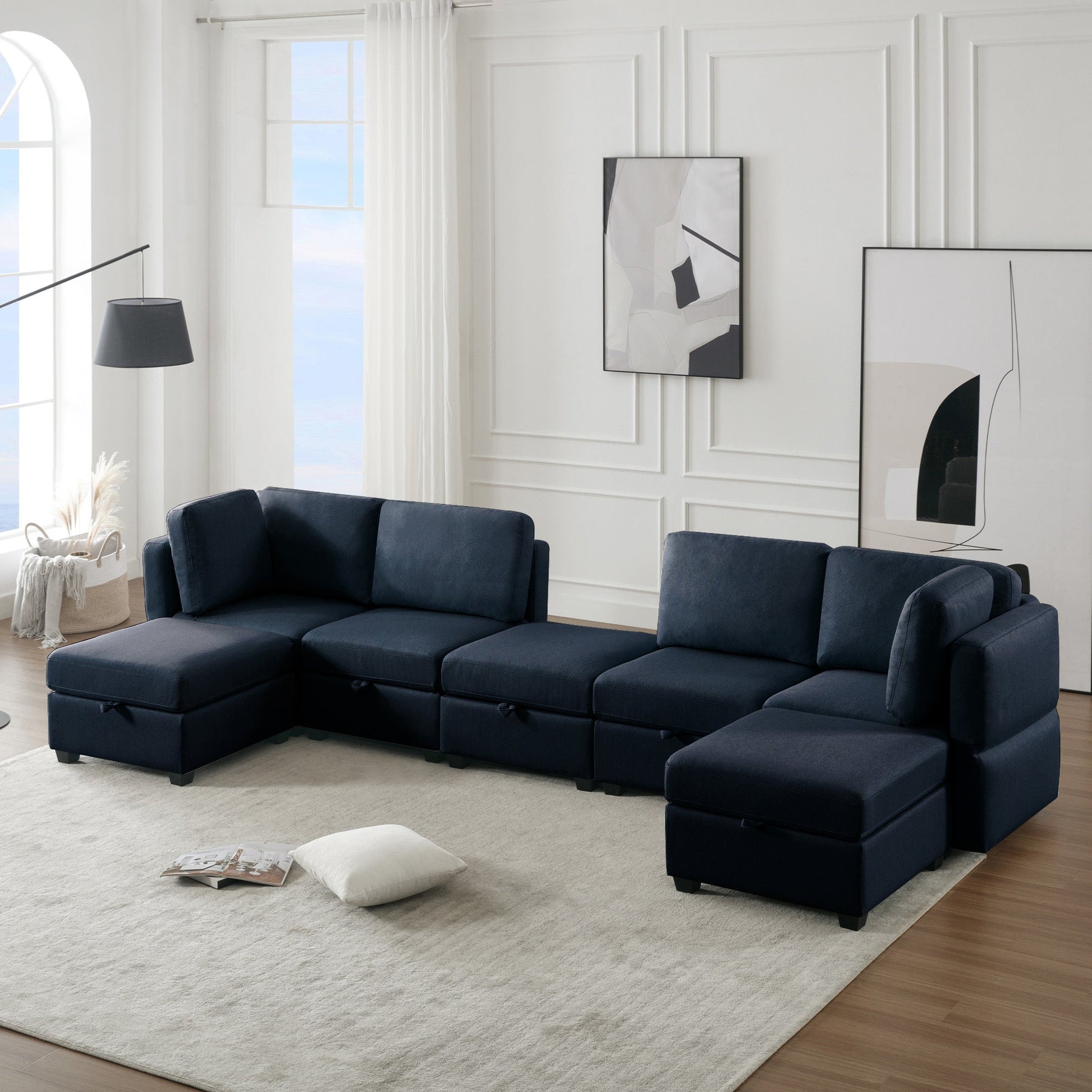 Modular Sectional Sofa U Shaped Sectional Couch with Ottoman, 7 Seat Modular Sofa with Chaise for Living Room, Adjustable Arms and Backs - Blue - Divine Heart L.A.