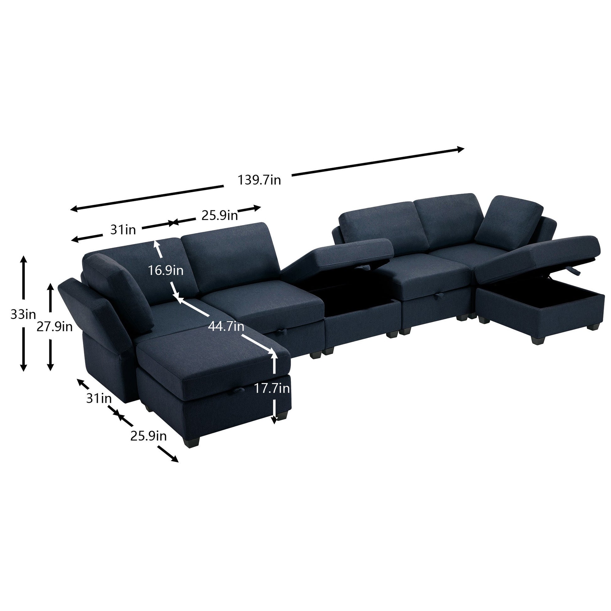 Modular Sectional Sofa U Shaped Sectional Couch with Ottoman, 7 Seat Modular Sofa with Chaise for Living Room, Adjustable Arms and Backs - Blue - Divine Heart L.A.