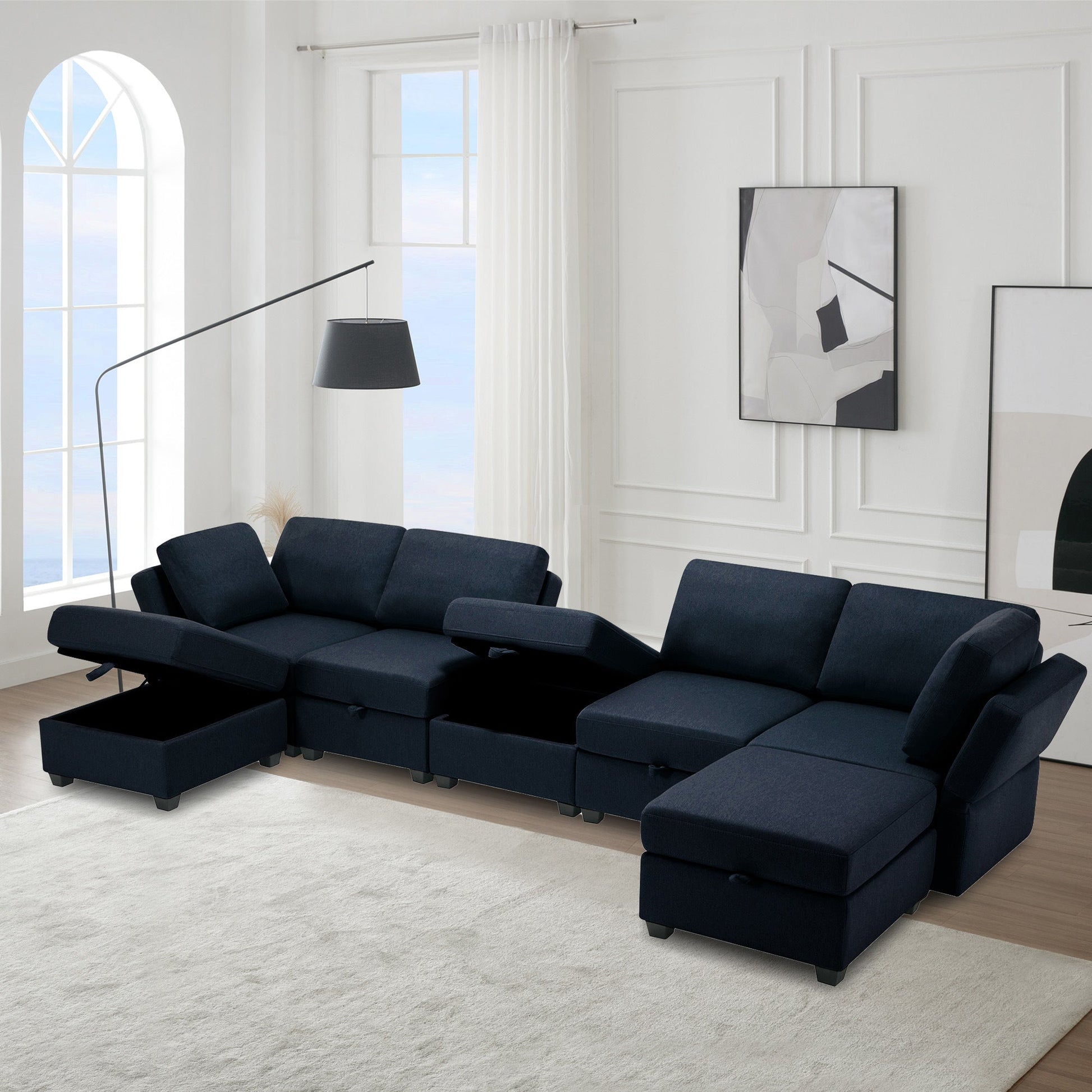 Modular Sectional Sofa U Shaped Sectional Couch with Ottoman, 7 Seat Modular Sofa with Chaise for Living Room, Adjustable Arms and Backs - Blue - Divine Heart L.A.