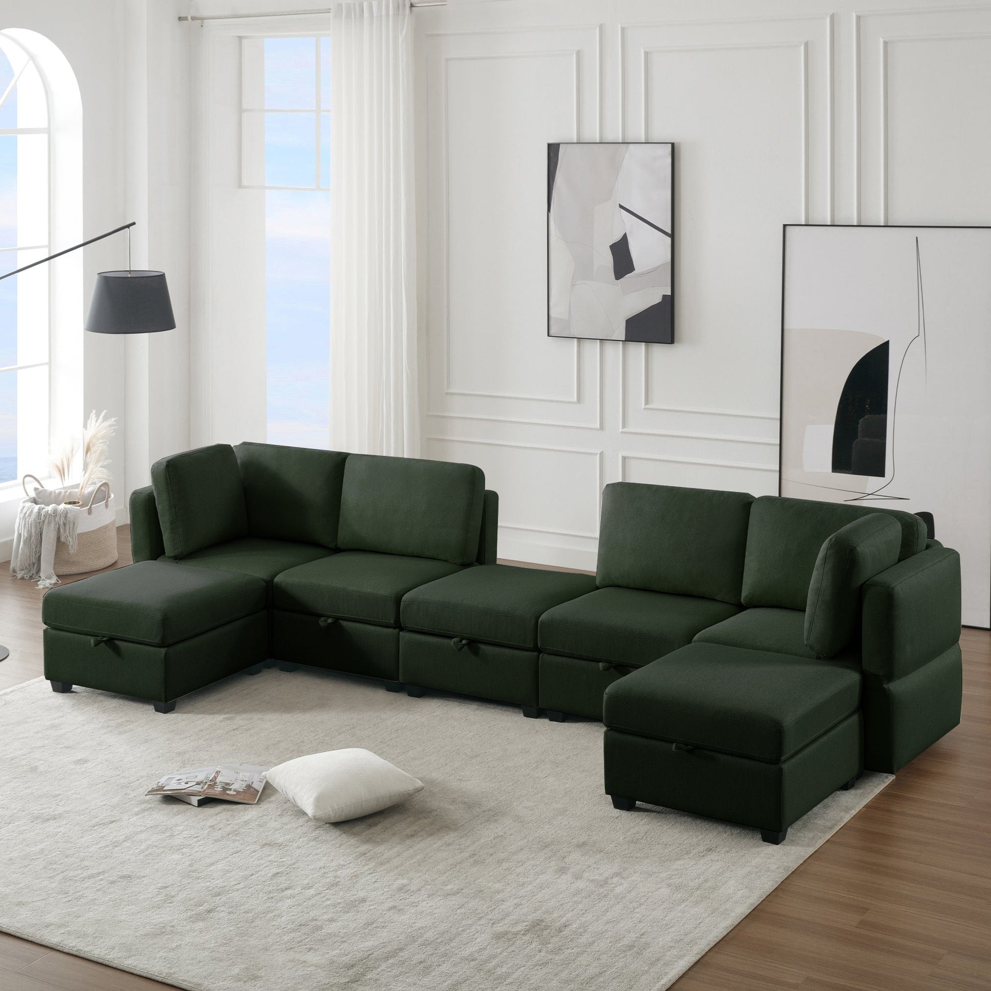 Modular Sectional Sofa U Shaped Sectional Couch with Ottoman, 7 Seat Modular Sofa with Chaise for Living Room, Adjustable Arms and Backs - Green - Divine Heart L.A.