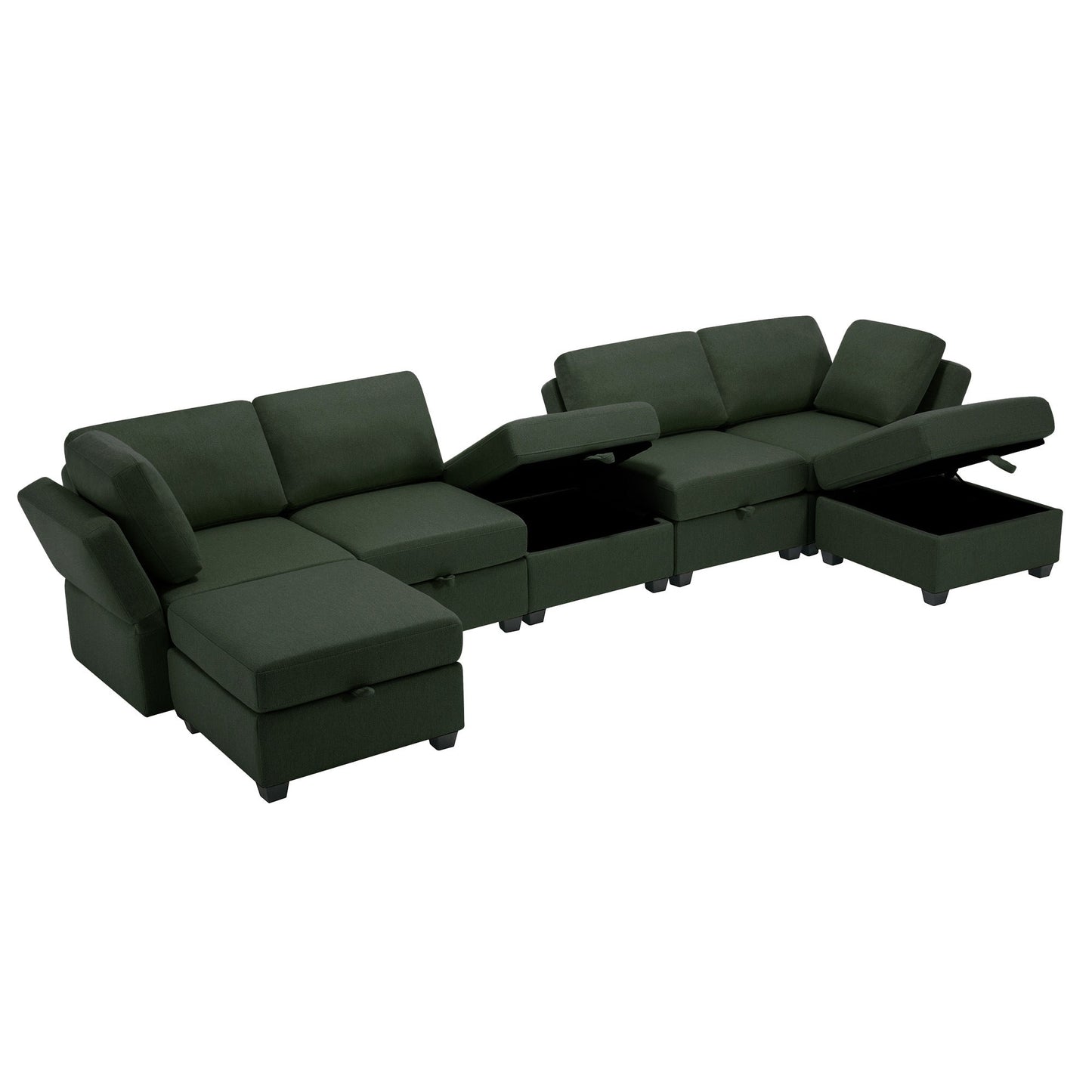 Modular Sectional Sofa U Shaped Sectional Couch with Ottoman, 7 Seat Modular Sofa with Chaise for Living Room, Adjustable Arms and Backs - Green - Divine Heart L.A.