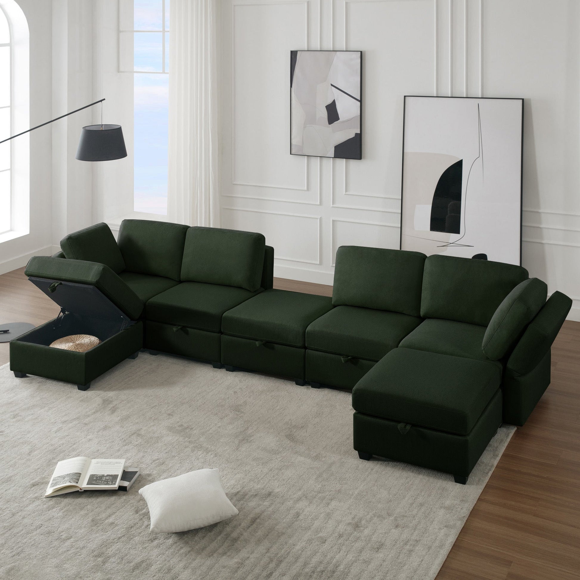 Modular Sectional Sofa U Shaped Sectional Couch with Ottoman, 7 Seat Modular Sofa with Chaise for Living Room, Adjustable Arms and Backs - Green - Divine Heart L.A.