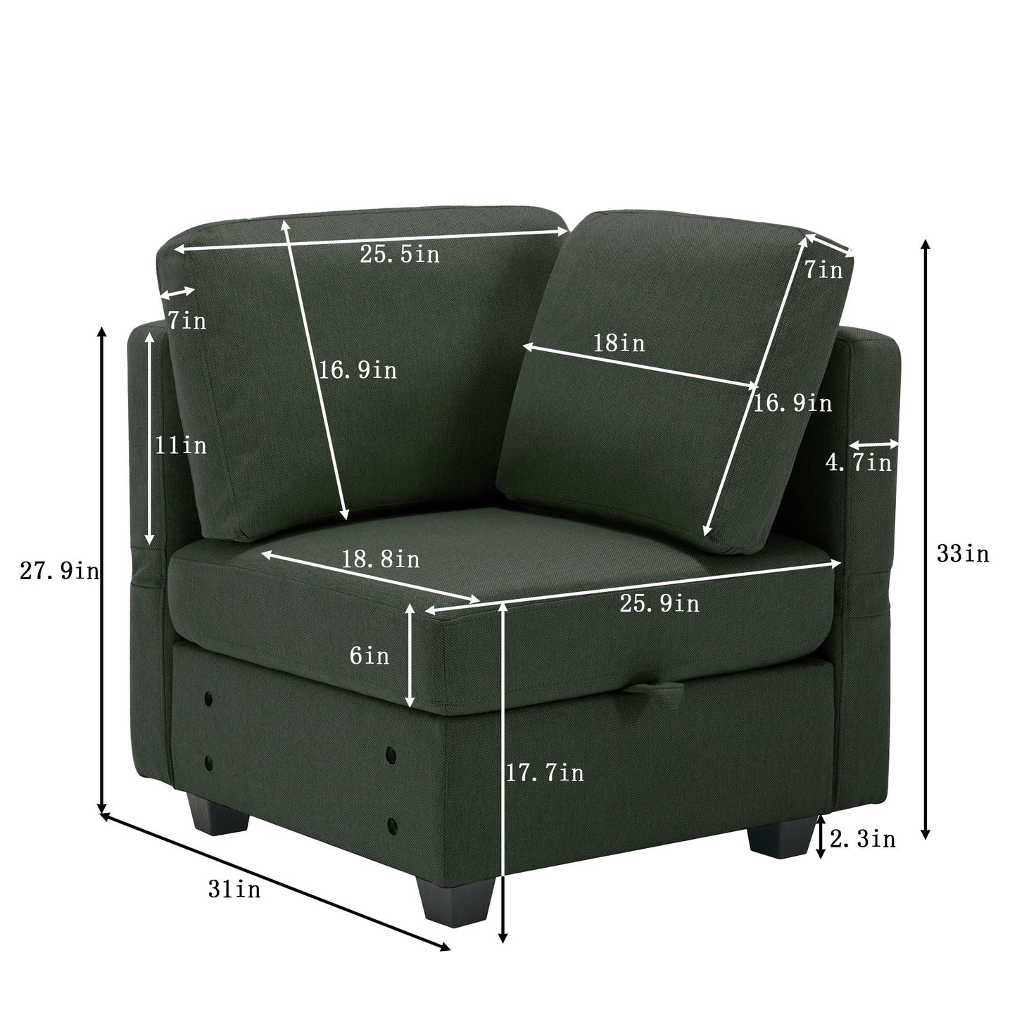 Modular Sectional Sofa U Shaped Sectional Couch with Ottoman, 7 Seat Modular Sofa with Chaise for Living Room, Adjustable Arms and Backs - Green - Divine Heart L.A.