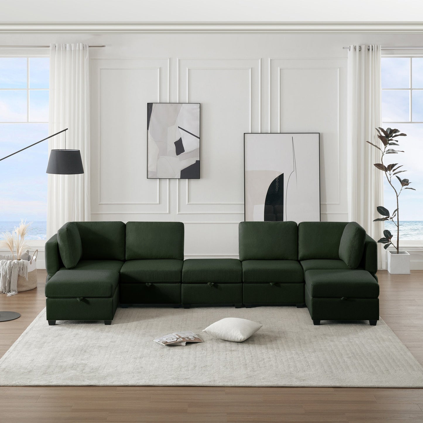 Modular Sectional Sofa U Shaped Sectional Couch with Ottoman, 7 Seat Modular Sofa with Chaise for Living Room, Adjustable Arms and Backs - Green - Divine Heart L.A.