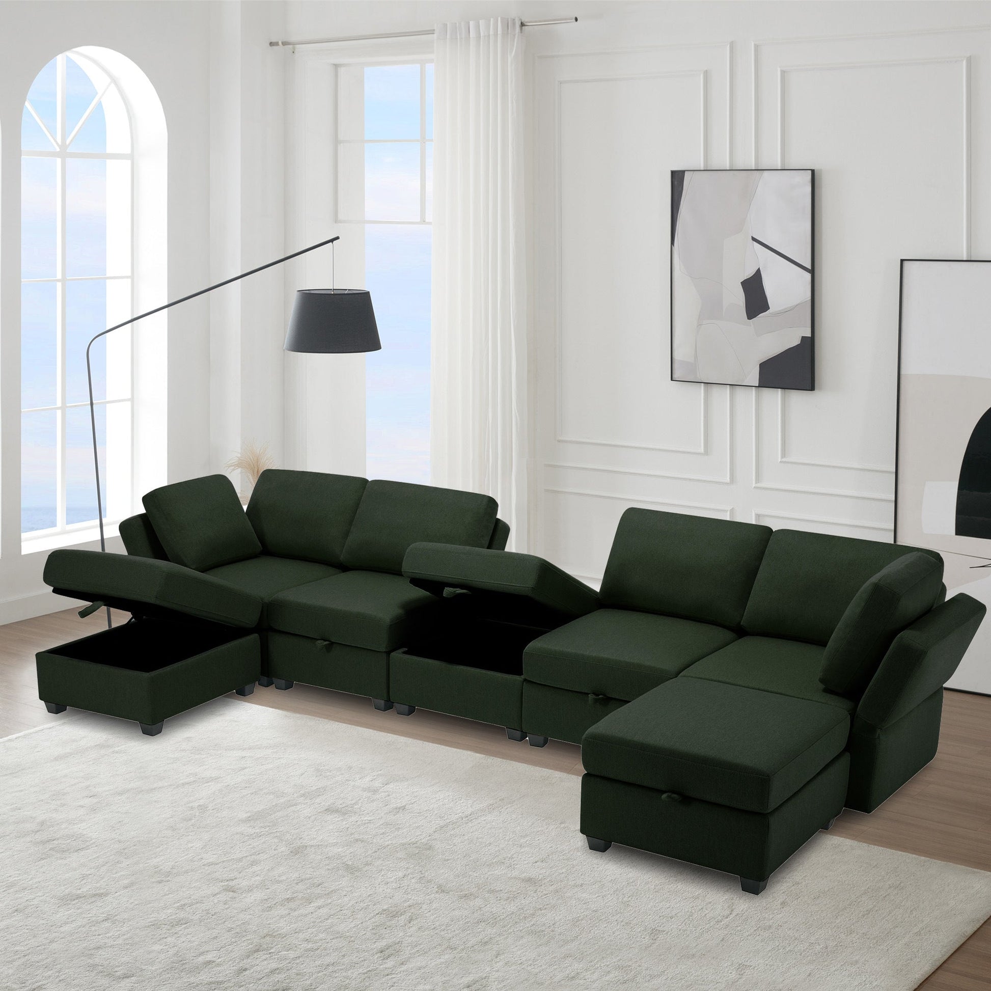 Modular Sectional Sofa U Shaped Sectional Couch with Ottoman, 7 Seat Modular Sofa with Chaise for Living Room, Adjustable Arms and Backs - Green - Divine Heart L.A.