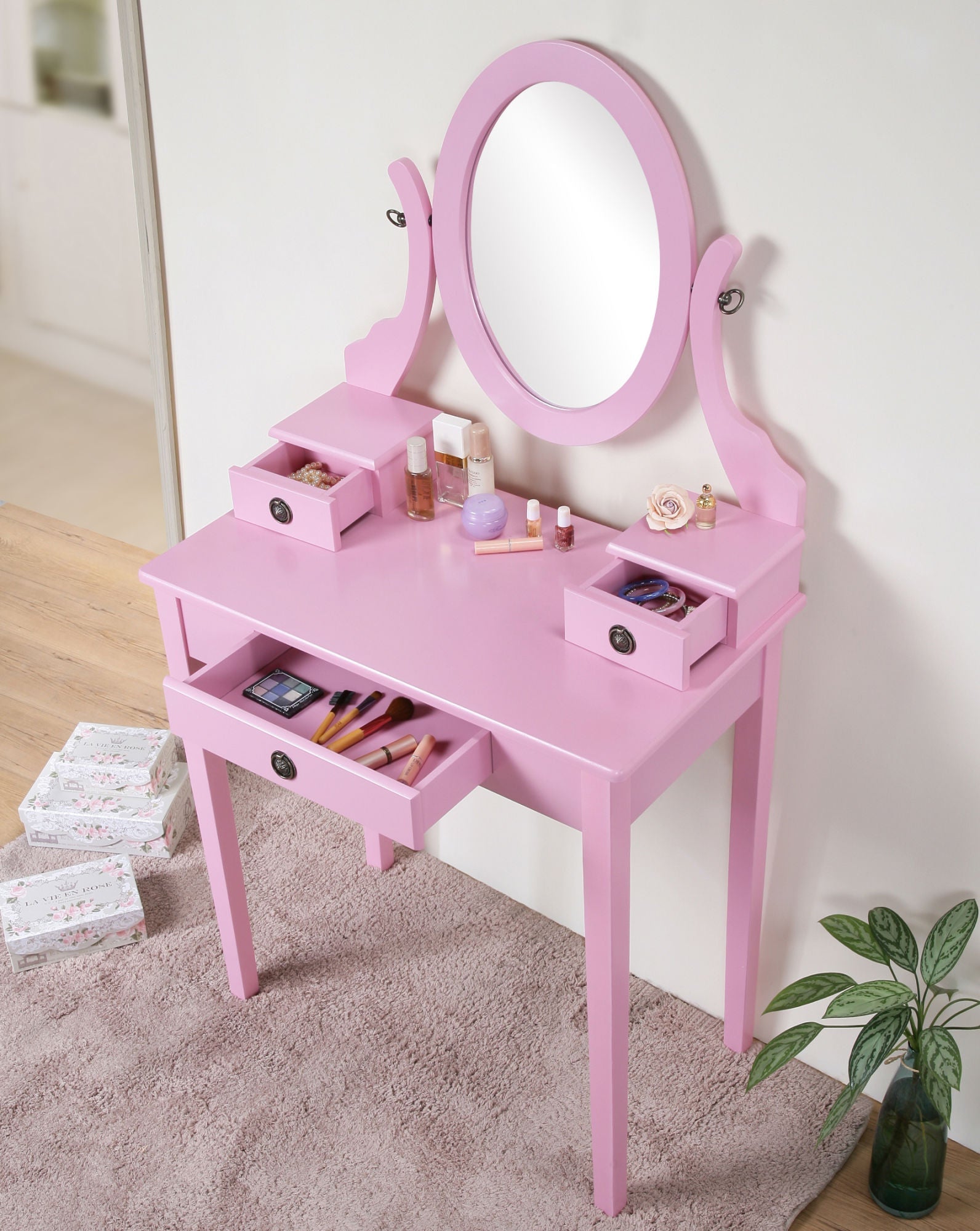 Moniys Wood Moniya Makeup Vanity Table and Stool Set, Pink - Divine Heart L.A.