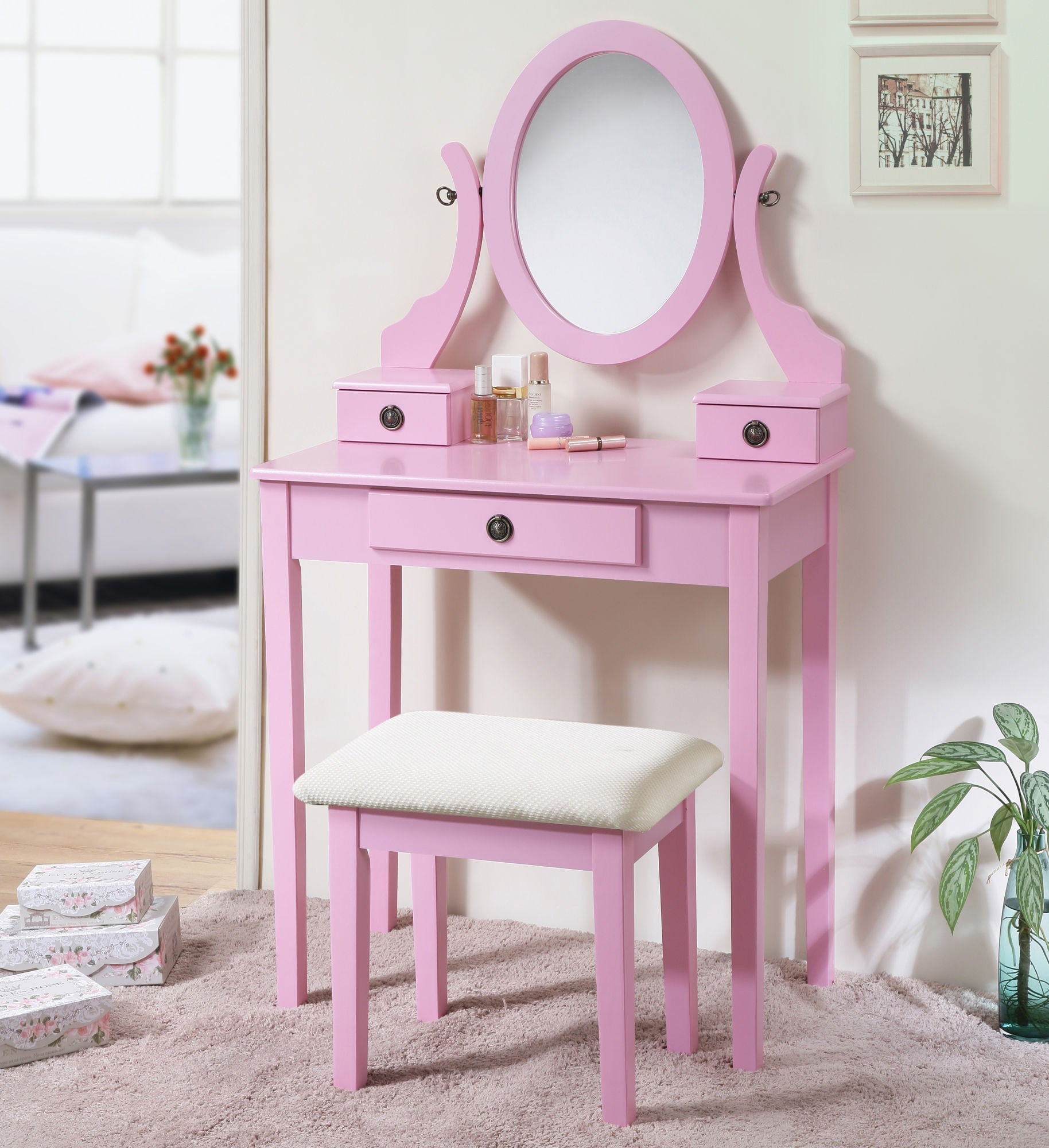 Moniys Wood Moniya Makeup Vanity Table and Stool Set, Pink - Divine Heart L.A.