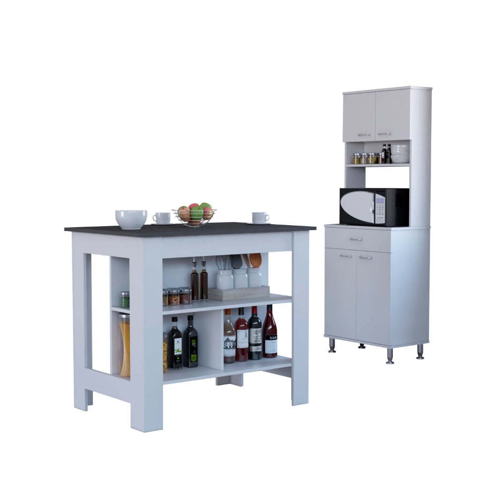 Newark 2 Piece Kitchen Set, Kitchen Island + Pantry Cabinet , White/Onyx - Divine Heart L.A.