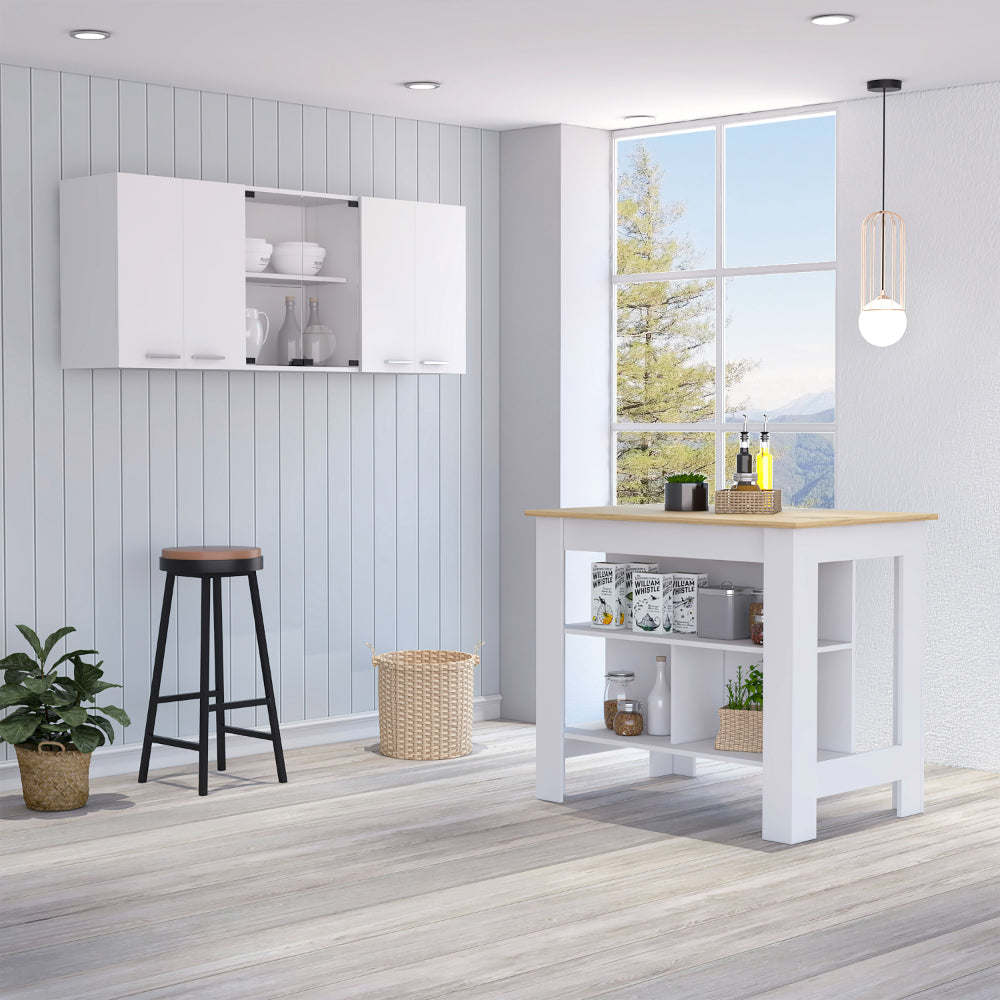 Norfolk 2 Piece Kitchen Set, Kitchen Island + Upper Wall Cabinet , White /Walnut - Divine Heart L.A.