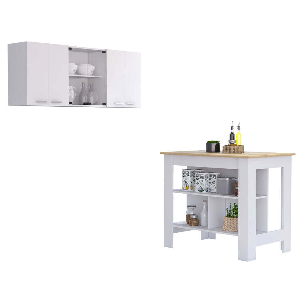 Norfolk 2 Piece Kitchen Set, Kitchen Island + Upper Wall Cabinet , White /Walnut - Divine Heart L.A.